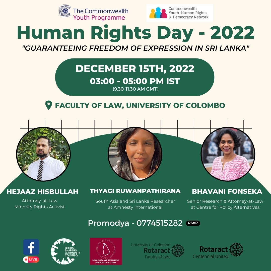CYHRDN's tweet photo. On 15 December CYHRDN  along with several partner organizations extend an open invitation our public forum  in Sri Lanka commemorating Human Rights Day. The event focuses on freedom of expression and will be held at the UOC Faculty of Law #humanrights #freedomofexpression https://t.co/mmEXybmO5M