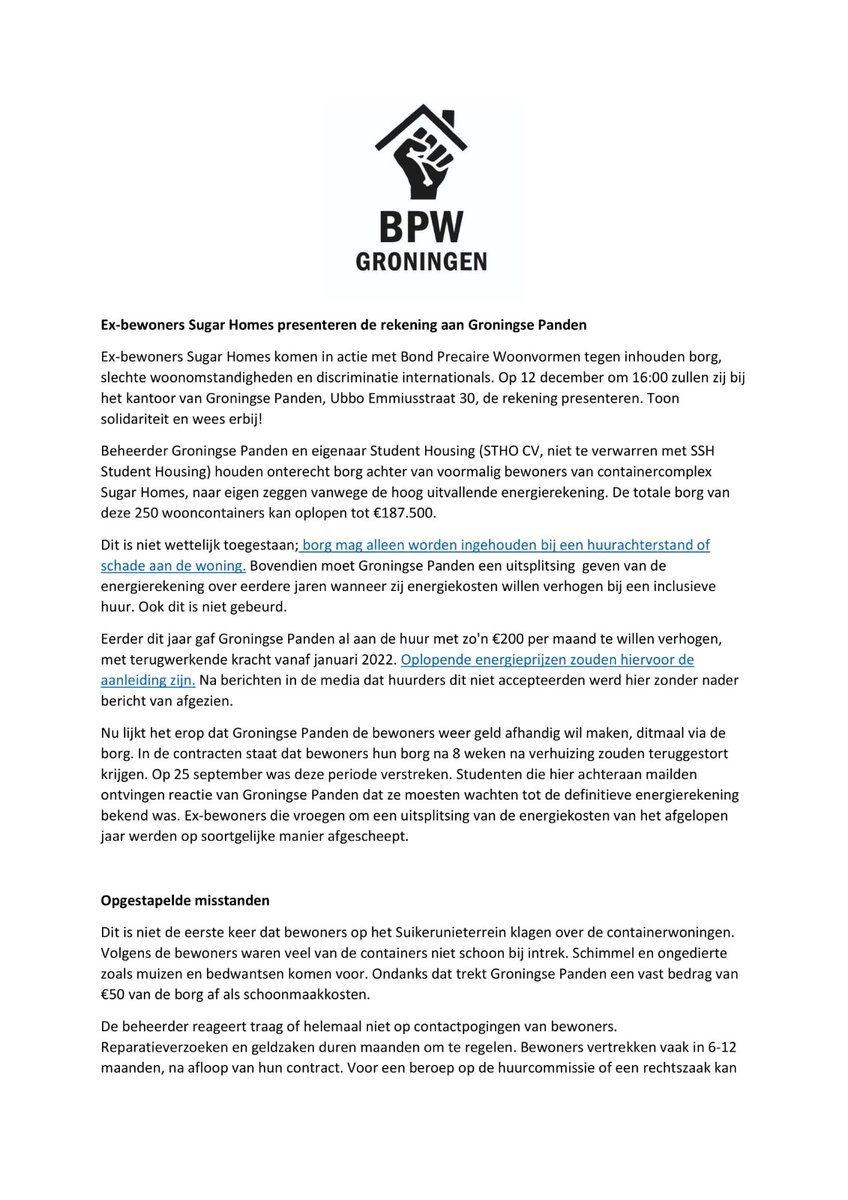 BpwGroningen's tweet photo. Persverklaring @BpwGroningen 
📣Ex-bewoners Sugar Homes presenteren de rekening aan Groningse Panden.

📍Op 12 december om 16:00 zullen zij bij het kantoor van Groningse Panden, Ubbo Emmiusstraat 30, de rekening presenteren. Toon je solidariteit en wees erbij! ❤️✊🏘️ https://t.co/1IwODgZD7w