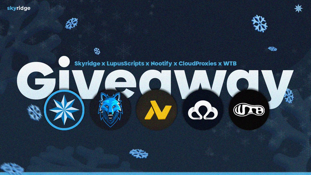 SkyridgeScripts's tweet image. CHRISTMAS GIVEAWAY 💙🎅

Rules are simple: 

Follow all the accounts
❤️, ♻️ and tag a friend 🤞🏻

@SkyridgeScripts x2 Monthly 
@LupusScripts x2 Weekly 
@Nootify x2 Renewal Key
@CloudProxiesIO x1 invite
@WTB_22 x2 20 Nike Accounts

We wish you good luck! 🫶🏻🍀