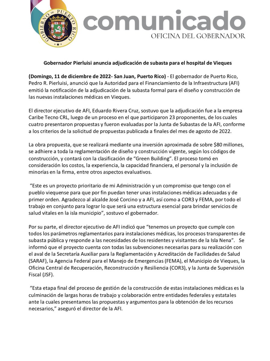 lafortalezadepr's tweet image. [Comunicado de prensa] @GovPierluisi anuncia adjudicación de subasta para el hospital de Vieques