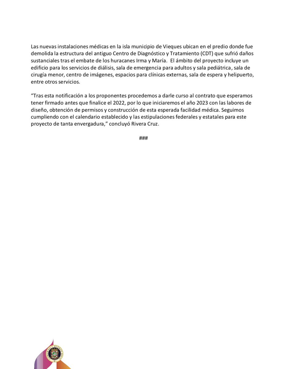 lafortalezadepr's tweet image. [Comunicado de prensa] @GovPierluisi anuncia adjudicación de subasta para el hospital de Vieques