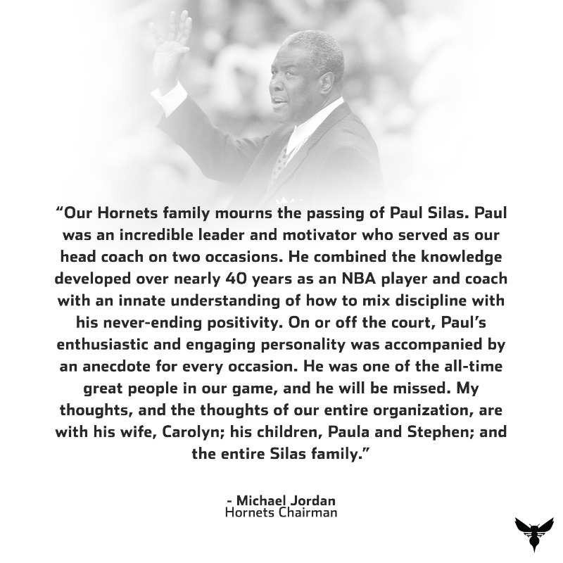 hornets's tweet photo. The Hornets organization mourns the loss of one of our all-time greats, Paul Silas. 💜 Chairman Michael Jordan released the following statement.