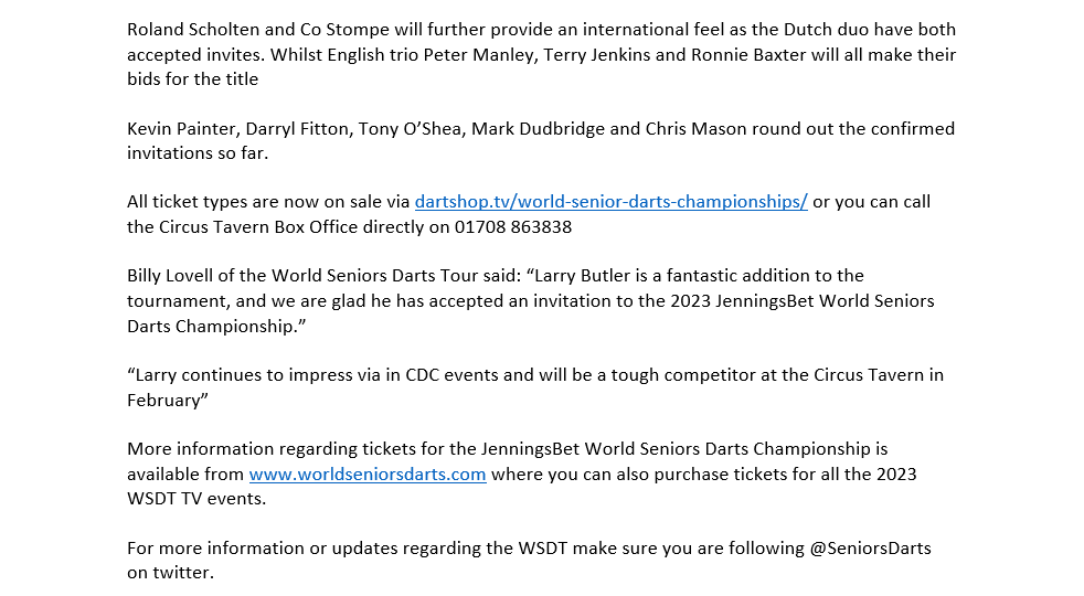 World Seniors Darts (@seniorsdarts) on Twitter photo 🚨 BUTLER JOINS 2023 <a href="/jenningsbetinfo/">JenningsBet</a> World Seniors Darts Championship 🚨
<a href="/USAEagle180/">Larry Butler</a> has accepted an invitation to the 2023 World Seniors Darts Championship 🎯
The Bald Eagle is the 22nd player to accept an invitation to the 32 player field at the Circus Tavern 🎪 🚨 BUTLER JOINS 2023 <a href="/jenningsbetinfo/">JenningsBet</a> World Seniors Darts Championship 🚨
<a href="/USAEagle180/">Larry Butler</a> has accepted an invitation to the 2023 World Seniors Darts Championship 🎯
The Bald Eagle is the 22nd player to accept an invitation to the 32 player field at the Circus Tavern 🎪