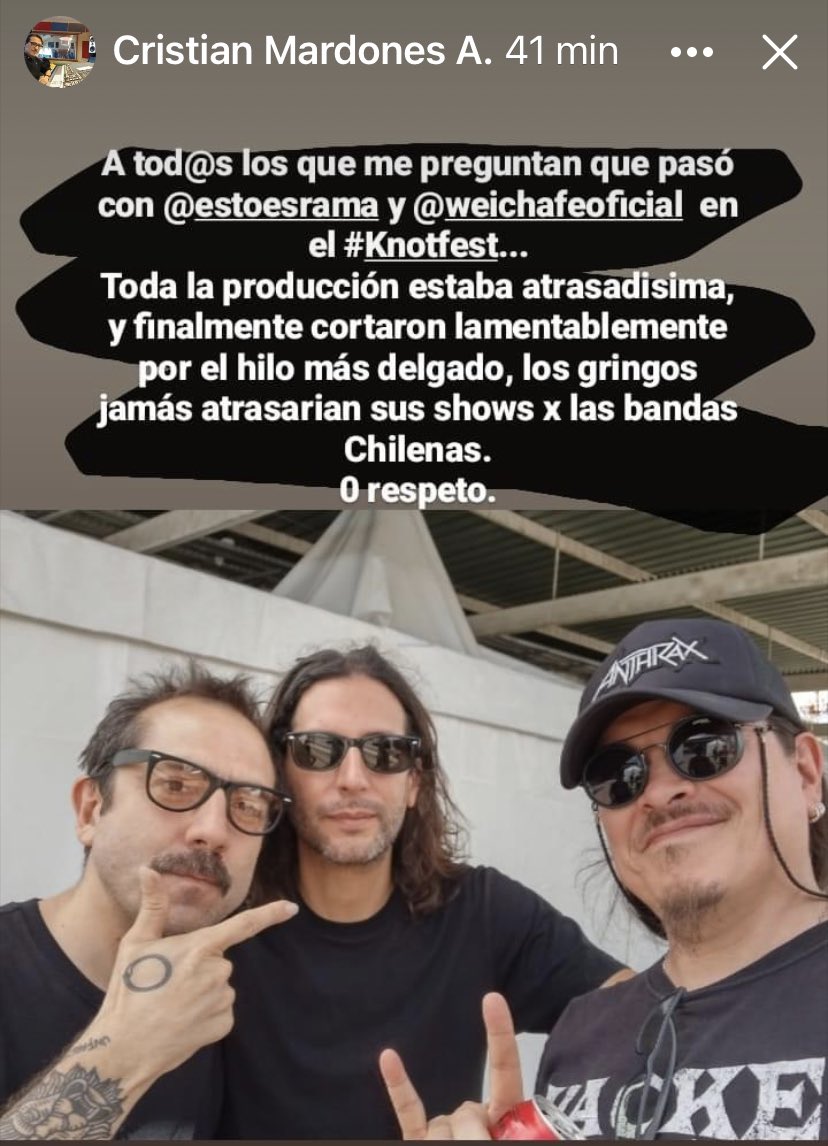 AValdieso's tweet image. Esto según Cristián Mardones (destacado sonidista nacional) en relación a #Weichafe y #Rama #KnotfestChile 
Todo mal para las bandas locales. Una lástima.