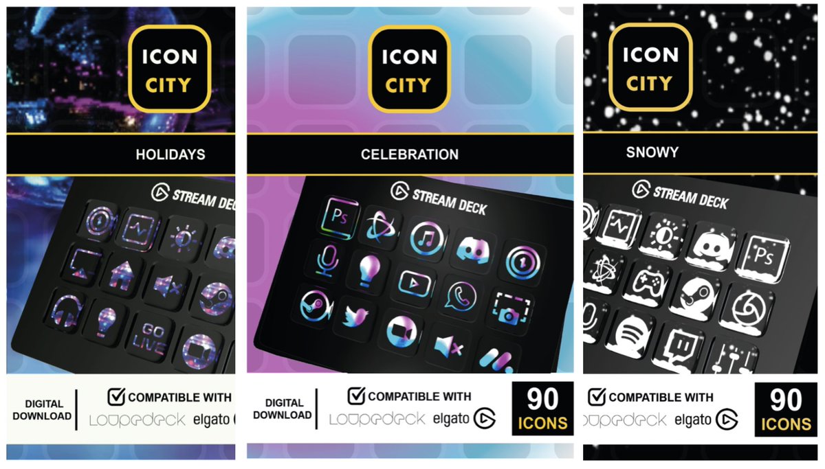 iconcitycom's tweet photo. Celebrate the Holidays with 3 new icon packs, ' Celebrate' and 'Snowy' & 'Holidays' - visit https://t.co/iilaVtzxyh now #Elgato #Streamdeck #iconcity #PCGamer #obs #streamer #stream #loupdeck #everydays 🎈 #holidays #christmas https://t.co/OED7gbiMvo