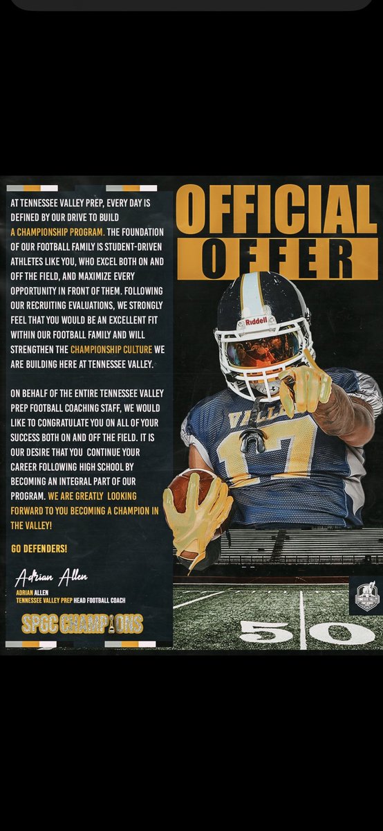 Blessed to receive an Offer from @tnvpsa <a href="/CoachWi1burn/">Charlie Wilburn</a> <a href="/HazelGreenFB/">Hazel Green Football</a> <a href="/AL6AFootball/">Alabama5AFootball</a>