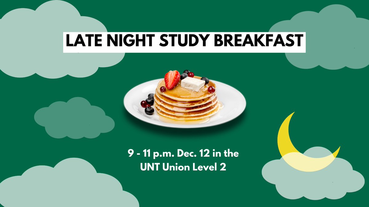 You can’t ace your finals on an empty stomach. Stop by the <a href="/UNTUnion/">UNT Union</a> tomorrow Dec.12 for a free late night study breakfast. Learn more: bddy.me/3HqU3sa