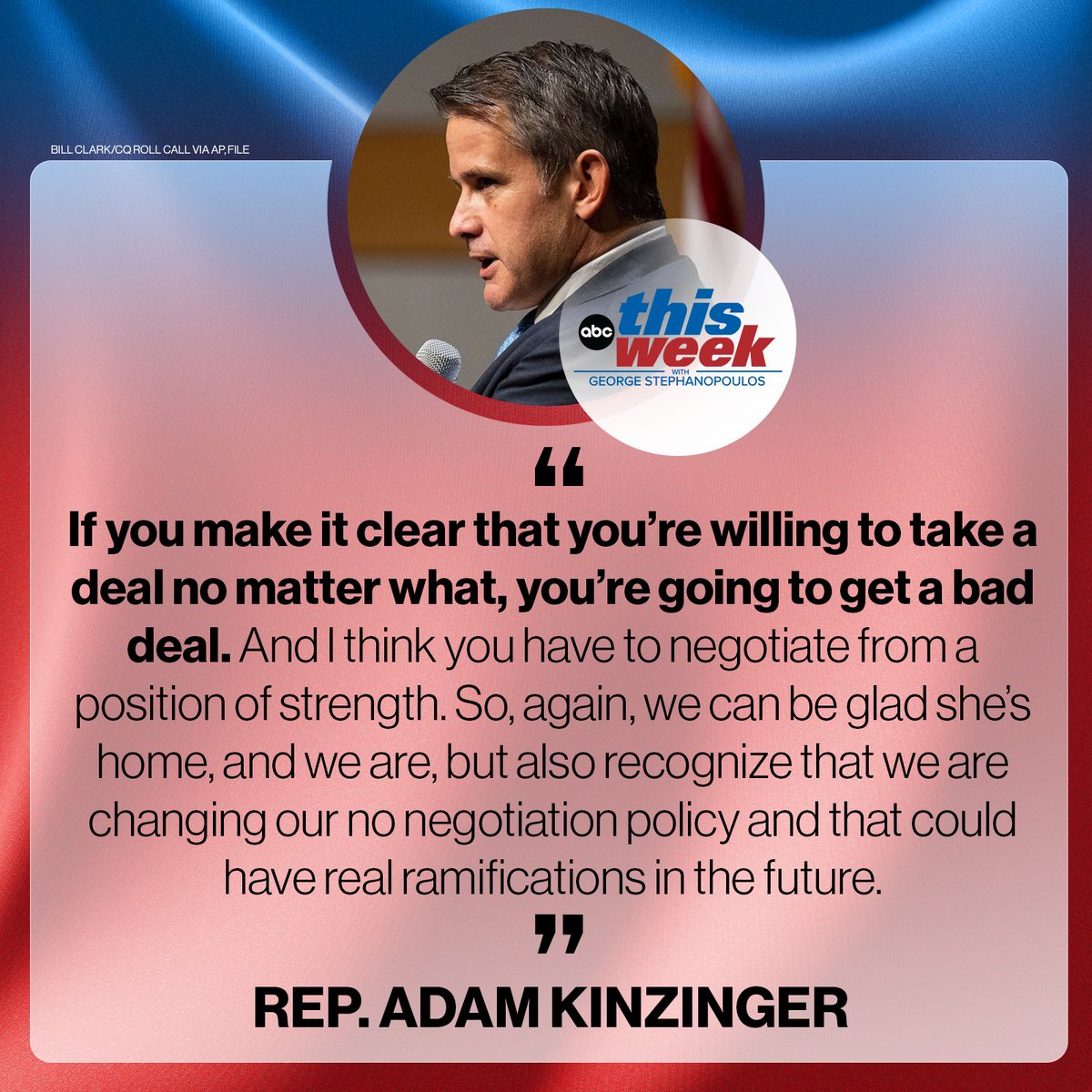 This Week (@thisweekabc) on Twitter photo “If you make it clear that you’re willing to take a deal no matter what, you’re going to get a bad deal."
Rep. Adam Kinzinger tells <a href="/MarthaRaddatz/">Martha Raddatz</a> that the prisoner swap for Brittney Griner “could have real ramifications in the future.” abcn.ws/3UNiRhk “If you make it clear that you’re willing to take a deal no matter what, you’re going to get a bad deal."
Rep. Adam Kinzinger tells <a href="/MarthaRaddatz/">Martha Raddatz</a> that the prisoner swap for Brittney Griner “could have real ramifications in the future.” abcn.ws/3UNiRhk