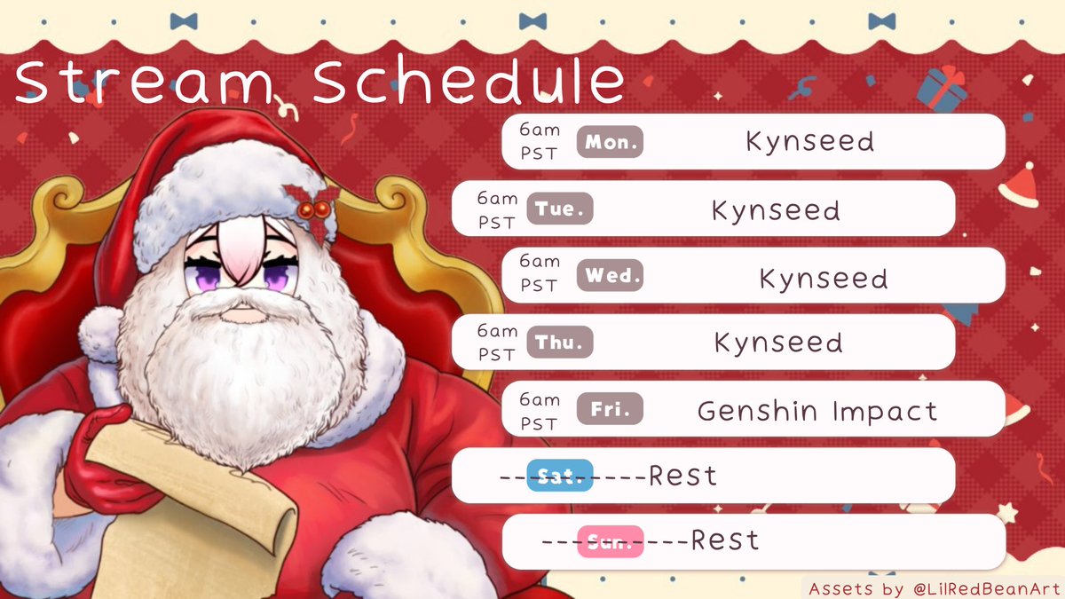 MayuLarkspur's tweet photo. Schedule for 12/12 to 12/18

Trying a new game and finish the week with Genshin Friday! It is gonna be Christmas in 2 weeks. Hope you all be good boy and girl. Santa Mayu is watching you.

Chat with you on stream 🫶 https://t.co/R2MbyiViIg