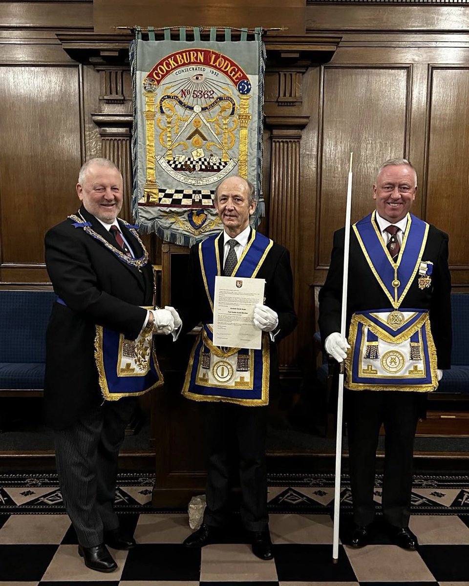 WYFreemasons's tweet photo. W Bro Ian N E Lewis APGM accompanied by his DC, W Bro Stephen K Lowe, made a surprise visit to Cockburn Lodge 5362 on Friday 9th December 2022 to present W Bro Graham D Hoyle PPJGW with a Field Promotion to PPSGW. 👏 https://t.co/NBk0HxYA7x