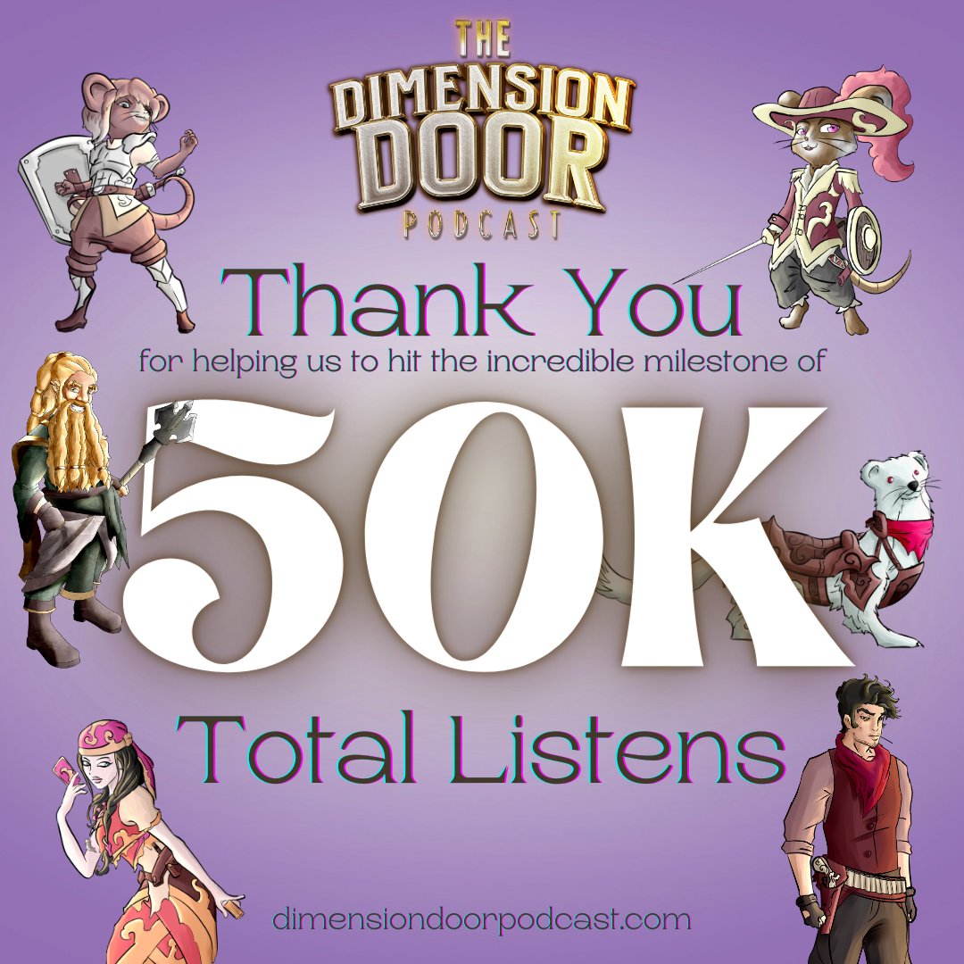✨Coming to the close of our 3rd year, The Dimension Door Podcast has hit the milestone of 50k total listens!🎧

Thank you for joining us on this adventure. A special thank you to our patrons for supporting this labor of love 💕

We look forward to another 50k listens to come🥳🎉