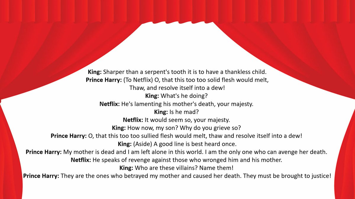 iGroby's tweet photo. @OpenAI is quite something!
Can you write a scene for a play. A hybrid of King Lear and Hamlet. With UK King Charles III in the Character of Lear and Prince Harry Duke of Sussex as Hamlet with Netflix as the play scene? 
@NationalTheatre @TheRSC @GielgudTheatre https://t.co/sngPBzma8u
