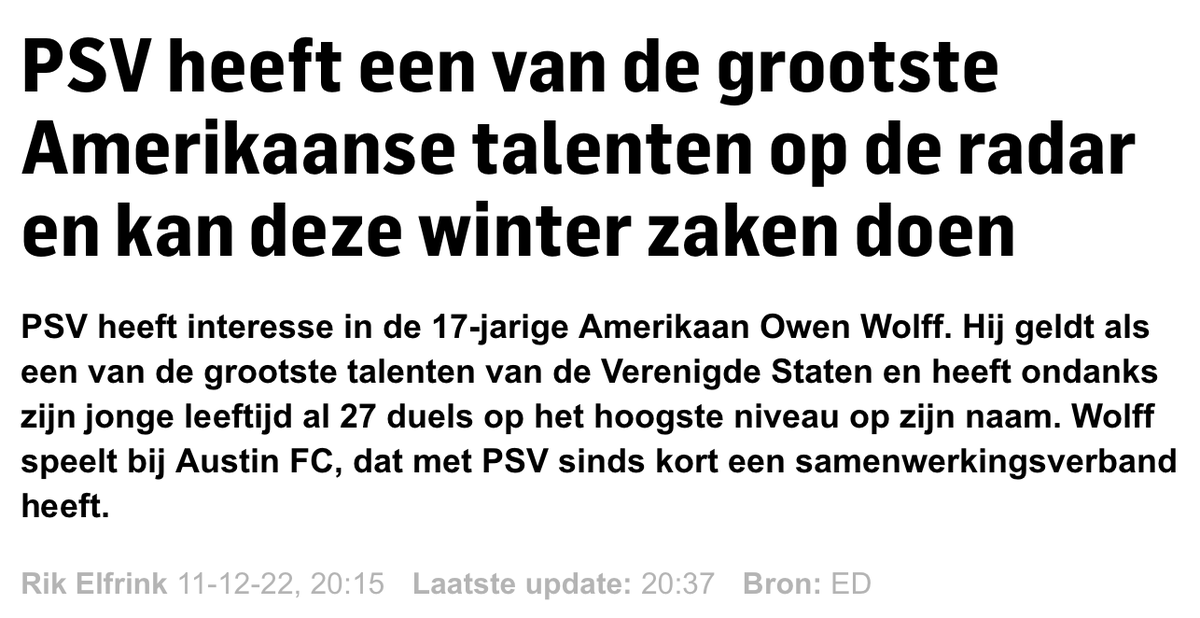 WeAreAustinTV's tweet photo. "PSV is interested in 17year old American Owen Wolff. He is considered one of the greatest talents in the United States and, despite his young age, has already played 27 games at the highest level. Wolff plays at Austin FC, which has recently entered into a partnership with PSV." https://t.co/3wdBsNjhlQ