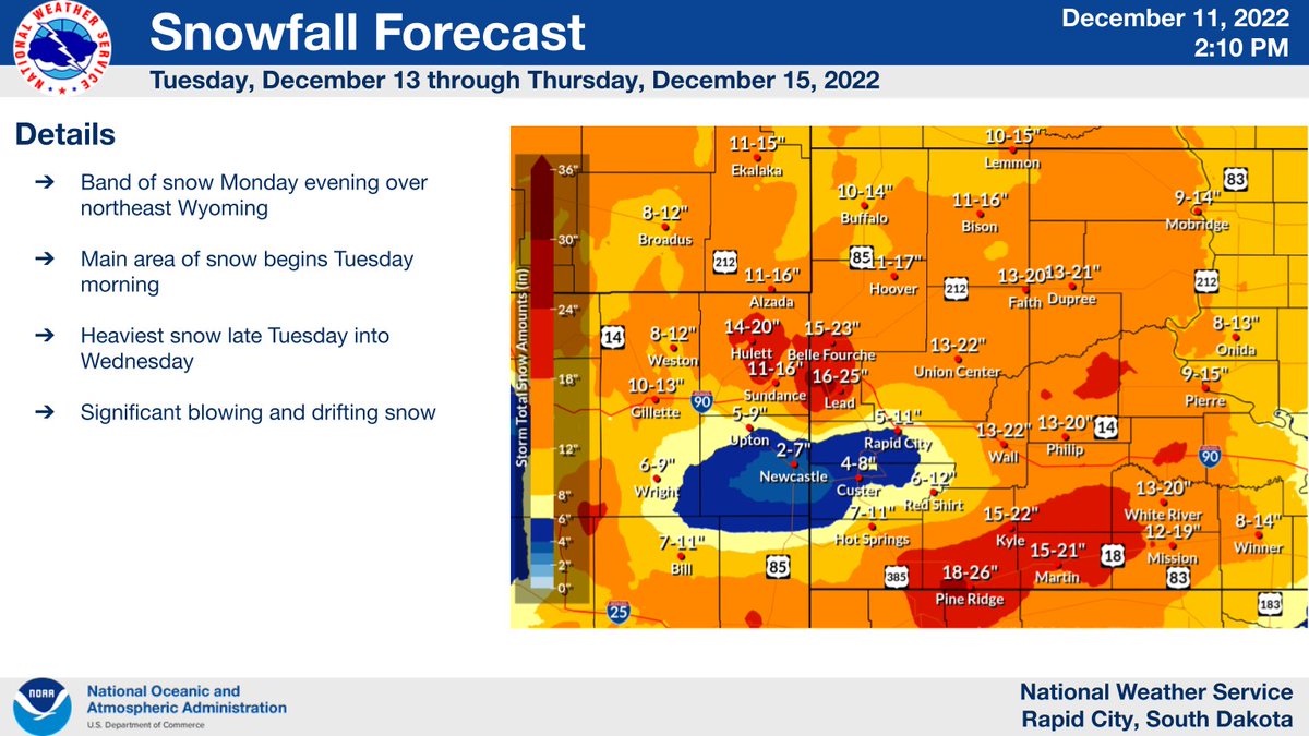 NWSRapidCity's tweet photo. Winter storm could arrive as early as Mon evening, however the heavier snowfall should be on Tues and Weds.  Some areas of west and central SD could see precipitation start out as freezing drizzle. Travel could become hazardous to impossible especially  Tues-Thurs. #sdwx #wywx https://t.co/cyH5AuMKUm