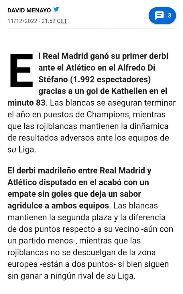 Jaimers83's tweet photo. El segundo párrafo es cuando tienes parte de la crónica ya hecha en una plantilla y te la han chafado con un gol.
@david_menayo @marca @LigaIberdrola https://t.co/ojHUEy52Bs