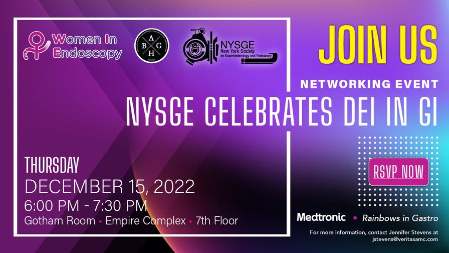 JOIN US in NYC as NYSGE Celebrates DEI in GI! We’re excited to see you as we welcome practicing GIs & resident/fellow trainees to this networking event! When: Thurs, 12/15/22, 6PM ET Where: NY Marriott Marquis Let us know you’ll b there! #blackingastro eventbrite.com/e/abgh-network…