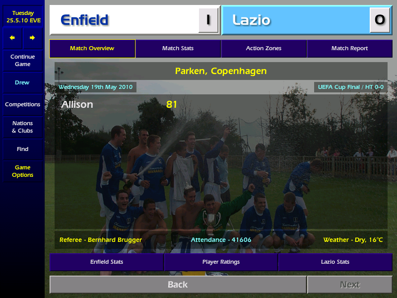 drewmd's tweet image. Copenhagen is filled with jubilant Enfield fans, as we lift the UEFA Cup. The hero is transfer-listed Reserve Team Striker, Stuart Allison - in the squad due to injuries to 3 first team Strikers. He'll be off to pastures new, but his name is written into Enfield folklore. #cm0102