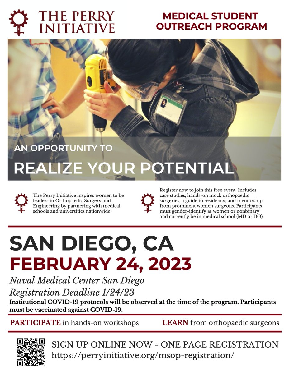 IsabellaWuMD's tweet photo. Medical students in San Diego and SoCal who identify as women or non-binary are encouraged to sign up for their own #PerryInitiative event on February 24, 2023
#UCSDOrtho @BalboaOrtho https://t.co/2kQZ6guN8L