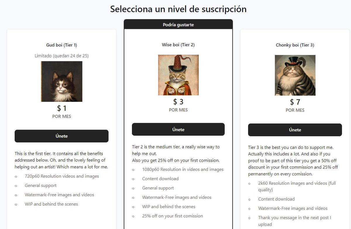 CubixWasTaken's tweet photo. I have added AI generated cat images to represent all my tiers, now there is a reason to subscribe there... Right? 👀

pssst... https://t.co/BLSARdE39t

#patreon #comissionsopen #patreoncreator https://t.co/A5omiZwMmW