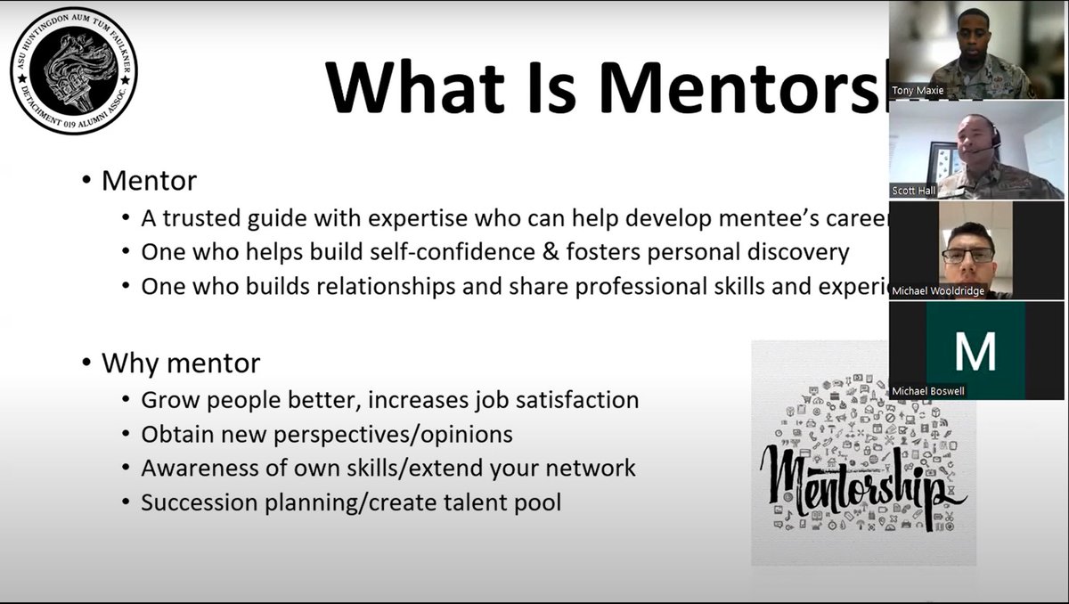 019Det's tweet photo. The Alumni Association mentoring committee kicked off its Academic Year 2023 mentor connections on 8 Dec! During this event, we introduced our newly selected mentor &amp; mentee matches, &amp; conducted a mentoring training session. Attendees also included the Det 019 CC &amp; Cadet Wing CC. https://t.co/0hmgdp63z4