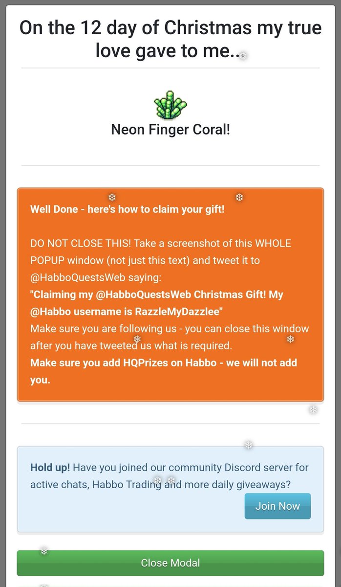 Claiming my <a href="/HabboQuestsWeb/">HabboQuests.co</a> Christmas Gift! My 
<a href="/Habbo/">Habbo</a> username is RazzleMyDazzlee