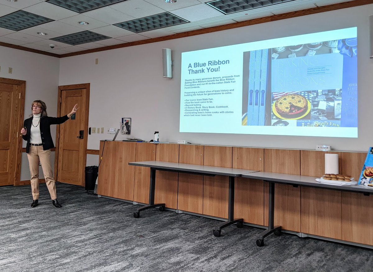 WDMLibrary's tweet photo. Thank you to author @kayfentonsmith for joining us today (and treating us to your Blue Ribbon donut recipe!) We were enthralled to learn more about the @IowaStateFair Food Competitions and the history found in the pages of your book, Baking Blue Ribbons! https://t.co/s9Rxu2ZoAN