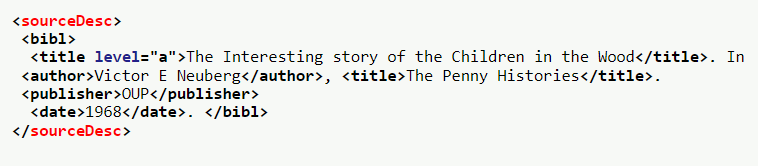 TEIconsortium's tweet photo. #ElementoftheDay <sourceDesc> describes the source(s) from which an electronic text was derived/generated, typically a bibliographic description in the case of a digitized text/a phrase such as "born digital" for a text which has no previous existence - https://t.co/MgEIBFwl7i. https://t.co/RMRRYK7iUi