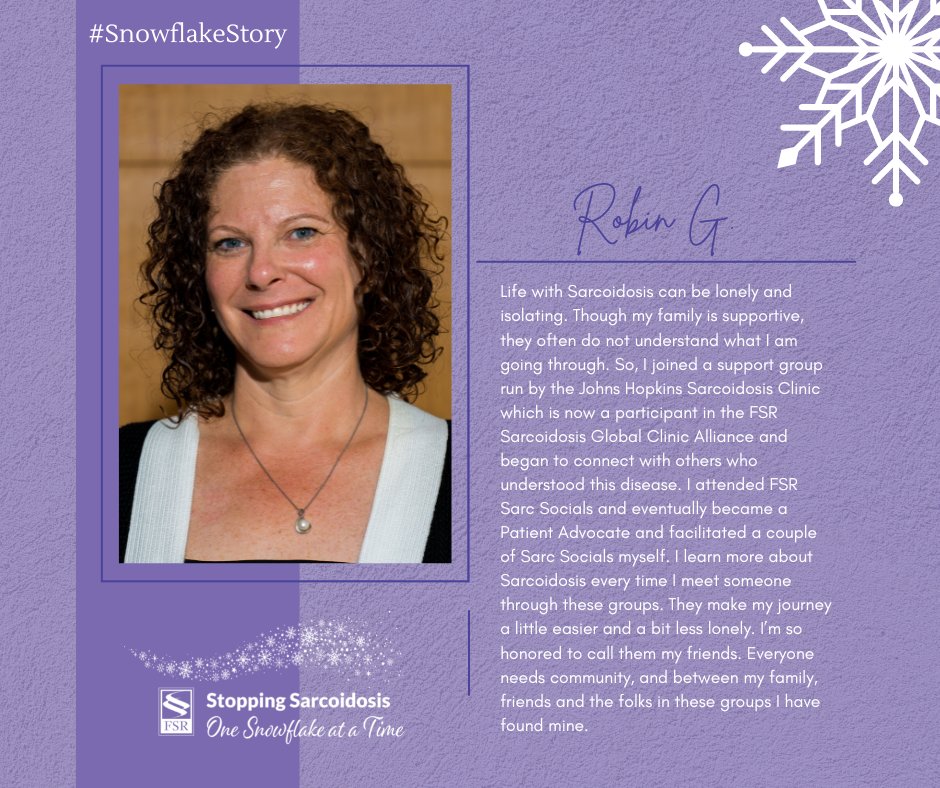 StopSarcoidosis's tweet photo. Sarcoidosis is known as a snowflake disease because no two cases are alike. Thank you to Robin for sharing her #SnowflakeStory to raise awareness for #sarcoidosis and help improve the lives of sarcoidosis patients!
Learn more at https://t.co/dn7IZ9v0z2
#sarctwitter https://t.co/DHA1rAv6b5