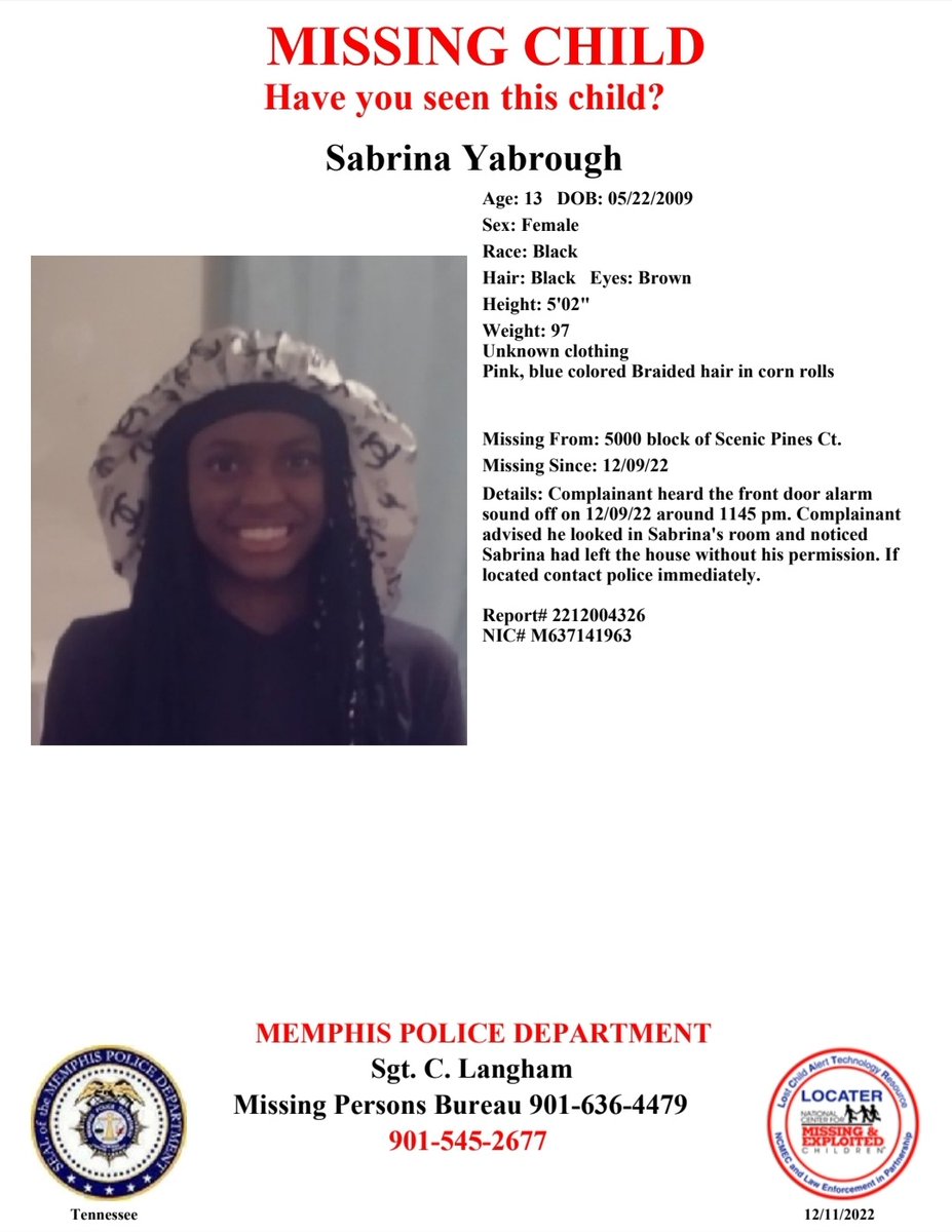 Memphis Police Dept on Twitter "Have you seen Sabrina Yabrough? Report