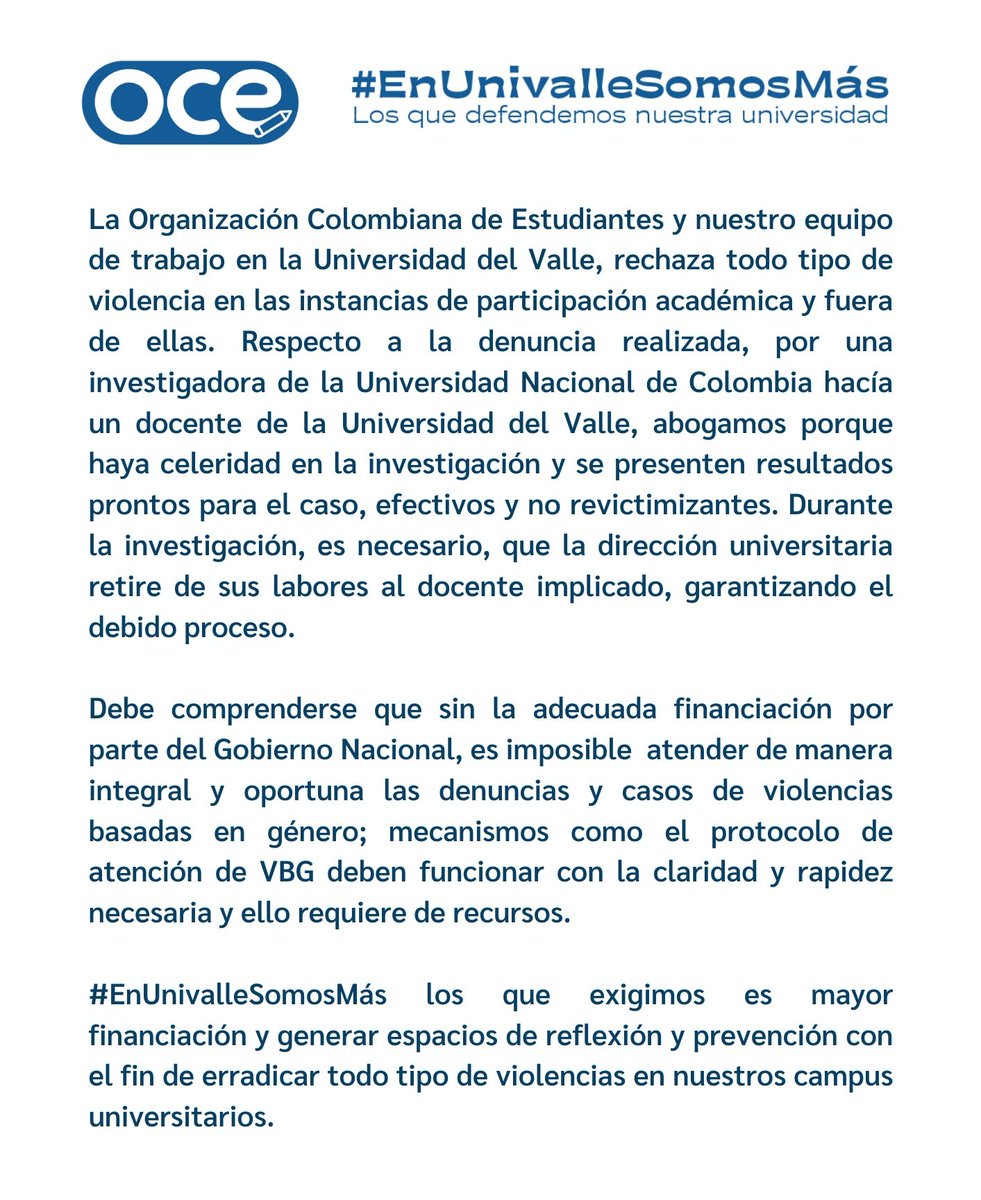 uvsomosmas's tweet photo. 🔵 #EnUnivalleSomosMás los que exigimos es mayor financiación y generar espacios de reflexión y prevención con el fin de erradicar todo tipo de violencias en nuestros campus universitarios. https://t.co/WlO4WDDfK7