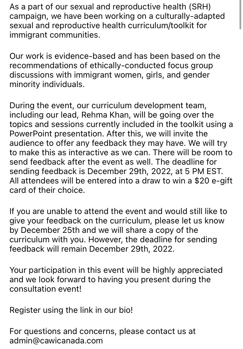 CAWI_CA's tweet photo. You are invited to our public consultation event on December 23rd at 6:30 pm EST! We would love to have you be a part of this virtual event to engage in discussion surrounding our sexual &amp; reproductive health education toolkit ❤️#cawi https://t.co/JhNCRgMLeZ