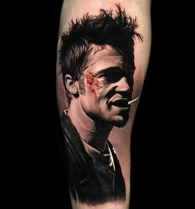 Tattoo tagged with black and grey fictional character fight club  patriotic big united states of america brad pitt character facebook  forearm twitter miguelbohigues portrait tyler durden film and book   inkedappcom