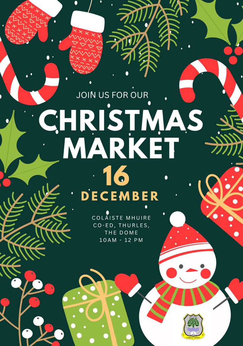 Another annual event this week in @colmhuirecoed & we cannot wait…

🎄CMCO Christmas Market🎄Friday 16th - 10am to 12 - The Dome - Open to parents/guardians and the public

#cmcoagobair #gifts #festivetreats #entrepreneurs @StudentEntProg @TipperaryETB @LEOTipperary @thurles_ie