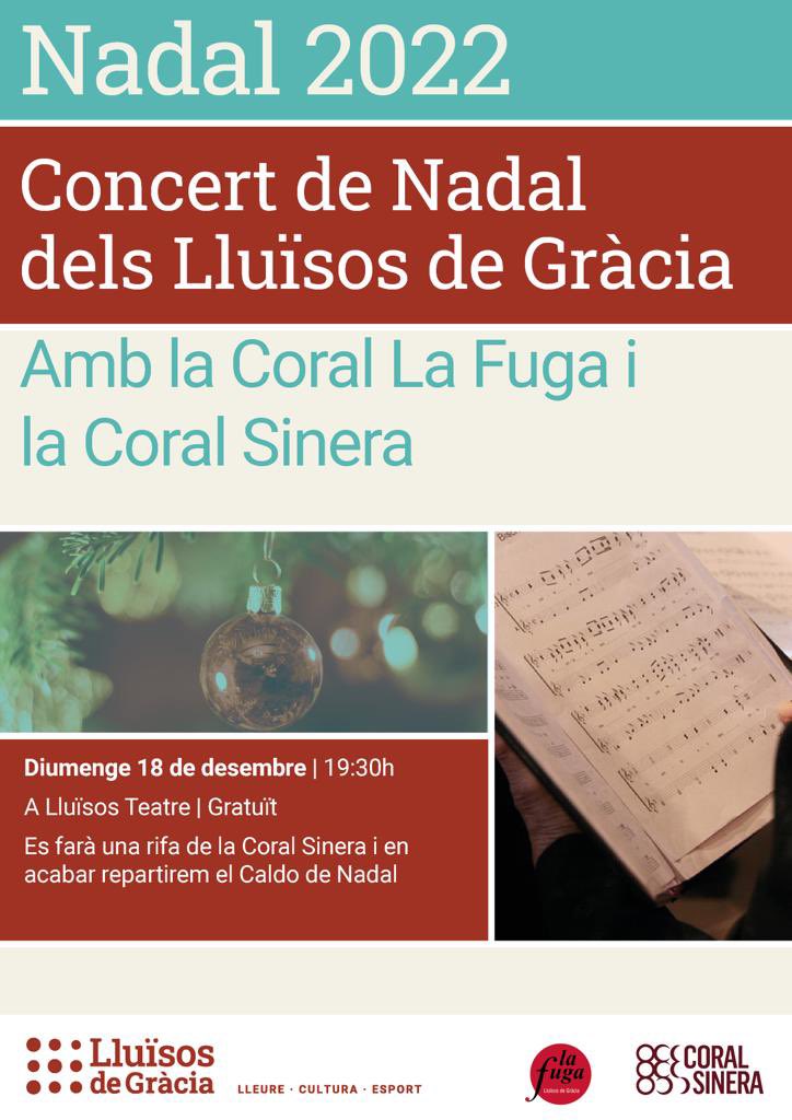 Ja som a desembre i això vol dir que... el concert de nadal està al caure!

Diumenge 18 teniu cita!

CONCERT DE NADAL🎄
🎤Coral Sinera i Coral La Fuga
📍Lluïsos de Gràcia
🕰️19:30h
🗓️Diumenge, 18 de desembre
💰Gratuït

Us hi esperem!

Farem una rifa i podreu sopar caldo de nadal🥣
