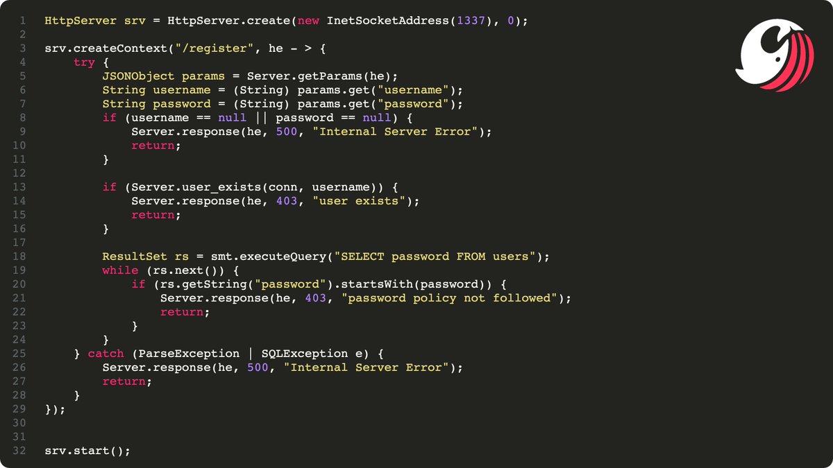 Sonar_Research's tweet image. Can you spot the vulnerability? #codeadvent2022 #Java
Can you log in as the user 'admin'? You can assume that passwords are alphanumeric and have a length of 10 characters.
sonarsource.com/knowledge/code…