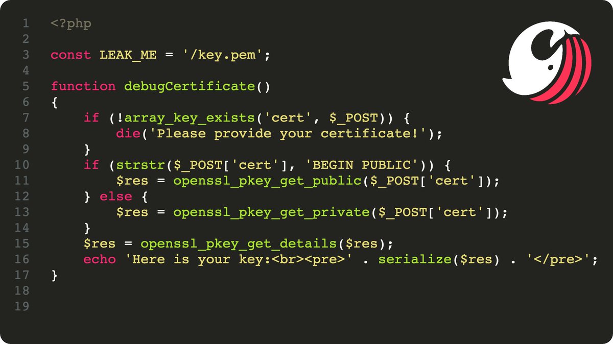 Sonar_Research's tweet image. Can you spot the vulnerability? #codeadvent2022 #PHP
This code is so simple that nothing can go wrong! 
Since you may send your private keys, all traffic is done over TLS with the key stored at /key.pem. No way anybody will ever leak it.
sonarsource.com/knowledge/code…