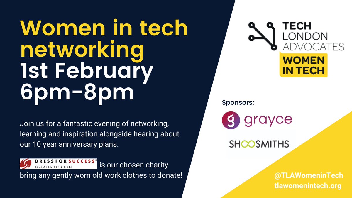 TLA Women in Tech (@tlawomenintech) on Twitter photo 📣SAVE THE DATE: 1st February 2023 ✨
<a href="/DFSlondon/">Dress for Success GL</a> <a href="/WeareGrayce/">Grayce</a> <a href="/Shoosmiths/">Shoosmiths</a>
<a href="/9kitchens1/">9Kitchens</a> <a href="/TechLondonAdv/">Tech London Advocates</a>
#Womenintech #talent #leadership #tech 📣SAVE THE DATE: 1st February 2023 ✨
<a href="/DFSlondon/">Dress for Success GL</a> <a href="/WeareGrayce/">Grayce</a> <a href="/Shoosmiths/">Shoosmiths</a>
<a href="/9kitchens1/">9Kitchens</a> <a href="/TechLondonAdv/">Tech London Advocates</a>
#Womenintech #talent #leadership #tech