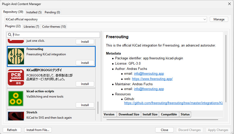 kicadworkshop's tweet photo. You can now install the Freerouting autorouter via the KiCAD Plugin And Content Manager. But do you trust the autorouter? #kicadworkshop #kicad https://t.co/G2zfCvfoy1