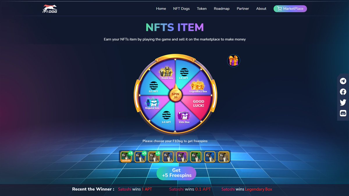 F1 DOG LUCKY SPIN

Get free Items and APT from our daily Lucky Spin and be ready for upcoming news! The dogs are ready to race!

Starts on Dec 19th.

Tiers and daily freespins:
Legendary: 5
Epic: 4
Rare: 3
Common: 2
Uncommon: 1
#aptos #AptosNFTs  #AptosEcosystem
