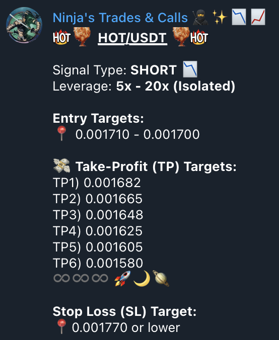 CryptoLadyNinja's tweet photo. Results of my $HOT Trade Signal:
📍All TPs hit✅
🤑Total Profit: +140%🔥

TOO $HOT IN HERE!🥵

👉My FREE Trades Channel (only 2-3 WEEKLY signals): https://t.co/Y74CdzR2xg

🏆PREMIUM CLUB launching in 2023: Get 2-5 DAILY signals!🚀

#HoloChain #Crypto #Trading #Bitcoin #BearMarket https://t.co/6ygT8Qt6r8