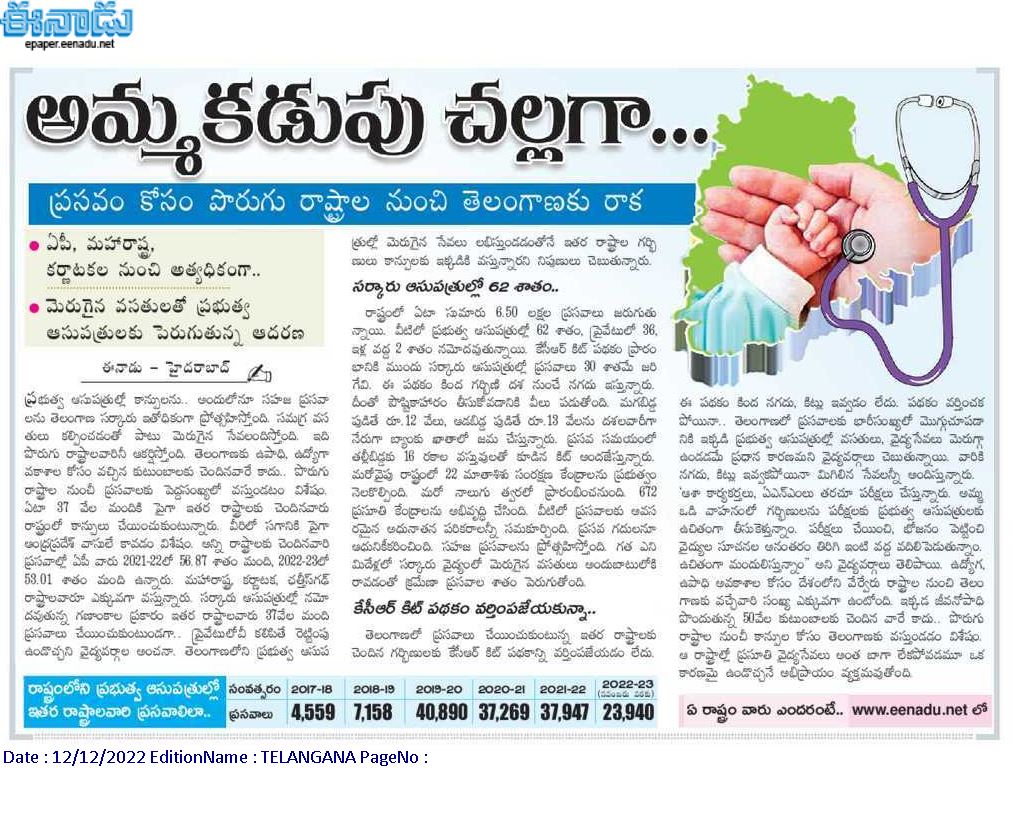 KonathamDileep's tweet photo. 🏥👩‍⚕️🚑
A testimony to the quality of healthcare services in Telangana!

A whopping 37,000 pregnant women from AP, Maharashtra and Karnataka have visited Telangana hospitals for deliveries this year!

Kudos to CM Sri KCR &amp; Health Minister @trsharish Garu 👏👏 https://t.co/sSaIVrkRE0