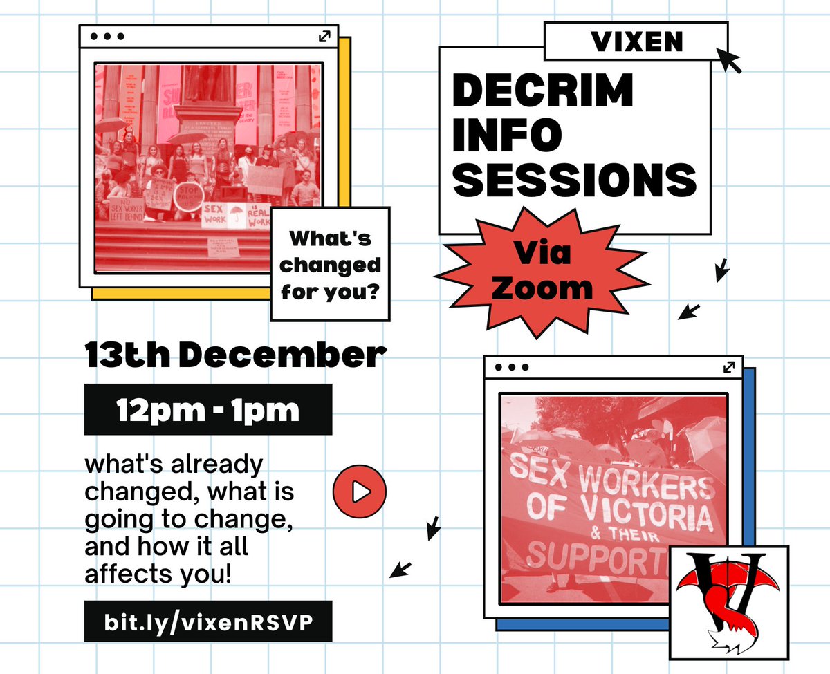 Don't miss the last Decrim Info Session - make sure you're up to date with the changing laws and how they effect you! Happening TOMORROW via Zoom, 12pm to 1pm! Sign up here: bit.ly/vixenRSVP