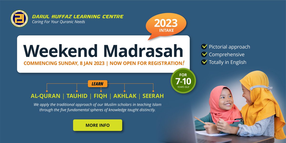 Weekend Madrasah in English for kids. Age 7 - 10 years old. Learn more: darulhuffaz.sg/programs/madra…