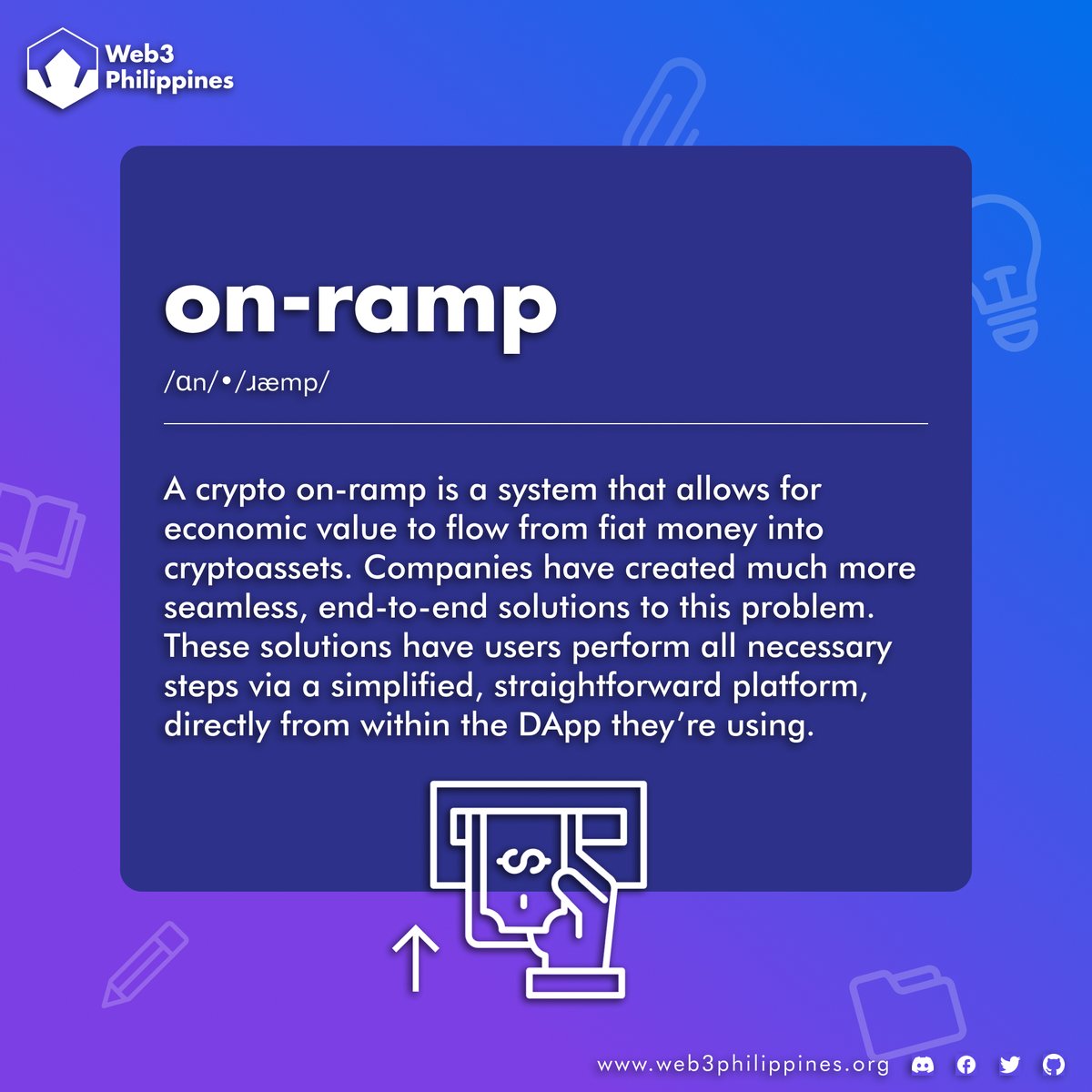 web3phl's tweet photo. "On-ramp" makes it possible to access Web3 using traditional fiat currencies.
A "crypto On-Ramp" is where you can exchange EUR, GBP, USD, PHP and other currencies directly for your chosen cryptocurrencies.
#web3ph #web3phl #blockchain #crypto #Web3 #bitcoin #ethereum #metamask https://t.co/qdW72cUSAW