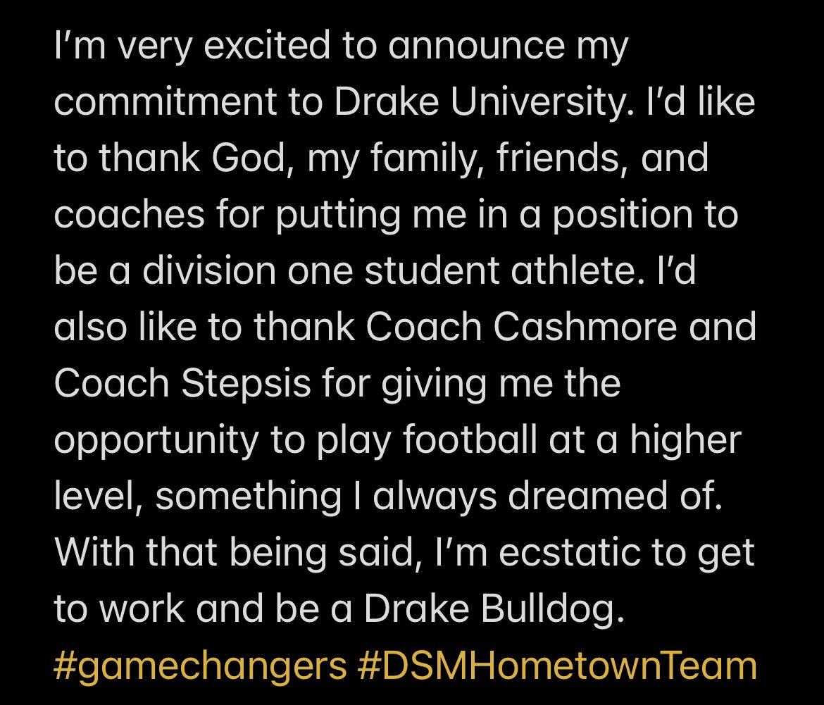 COMMITTED 🔵⚪️ <a href="/DrakeBulldogsFB/">Drake Football</a> <a href="/WillieCashmore/">Willie Cashmore</a> <a href="/tstepsis/">Todd Stepsis</a>