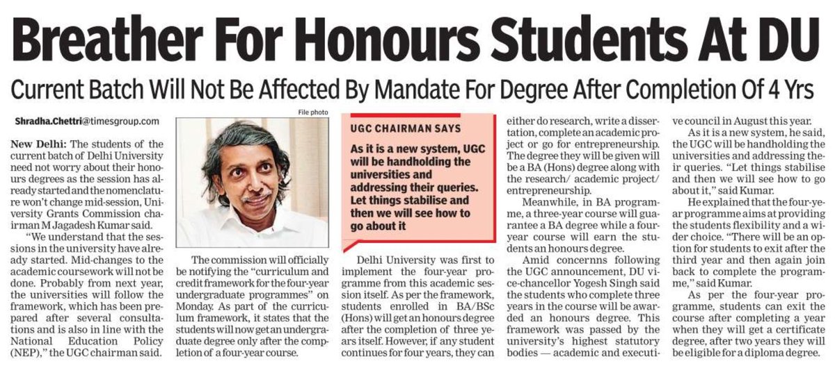 mamidala90's tweet photo. Shradha Chettri of The Times of India writes: Breather For Honours Students At DU. Current Batch Will Not Be Affected By Mandate For Degree After Completion Of 4 Yrs. https://t.co/mrJ07qjUao