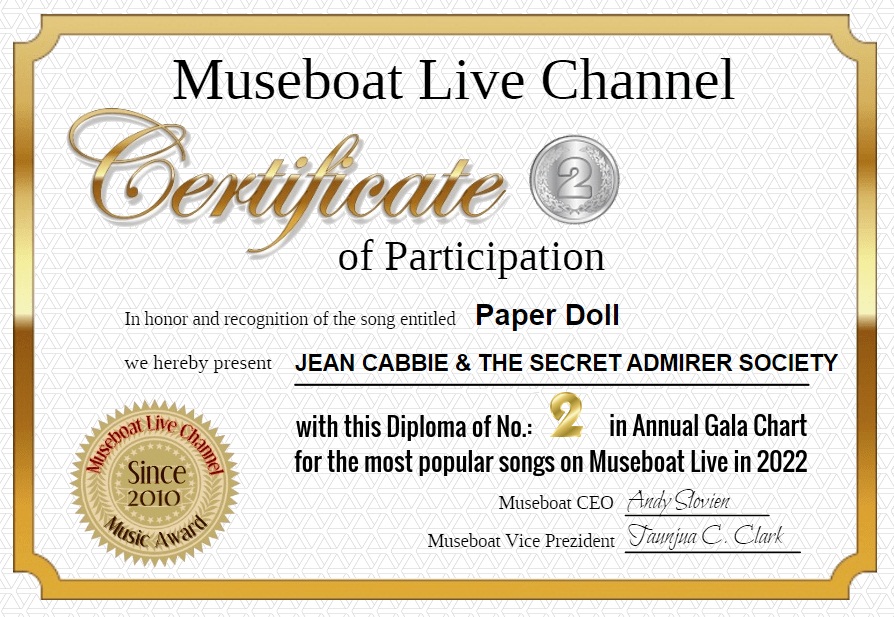 #RETWEET ANNUAL GALA CHART 2022 # 2 JEAN CABBIE &amp; THE SECRET ADMIRER SOCIETY - Paper Doll museboat.com/responsive/art… CONGRATS! #music         museboat.com/mma/annualgala…