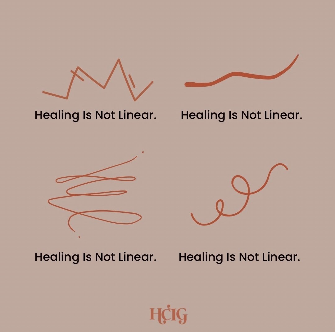 An important reminder to those feeling defeated by the process of healing. On those days, let this sink in. If healing was linear it would be easy. It's complicated and definitely has its up and downs. You're doing great. 🧡