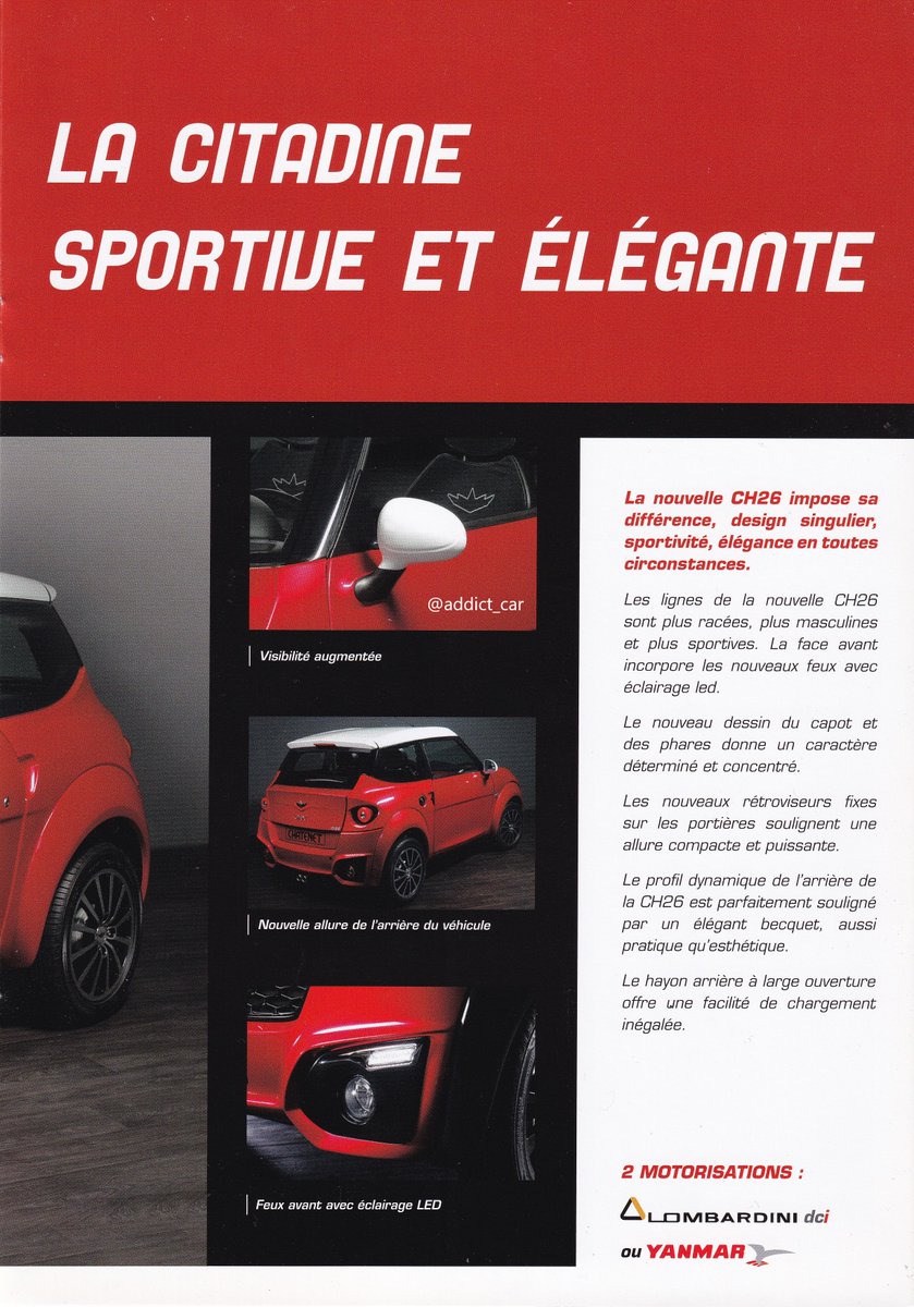 addict_car's tweet photo. #MicrocarMonday Once charmingly homespun, French 'voitures sans permis' have come a long way in recent years. First seen in 2009, the Chatenet CH26 had a mix of styling cues; the revised model in this brochure is said to feature 'more masculine' looks. #carbrochure #Chatenet https://t.co/Gmw6559Clu