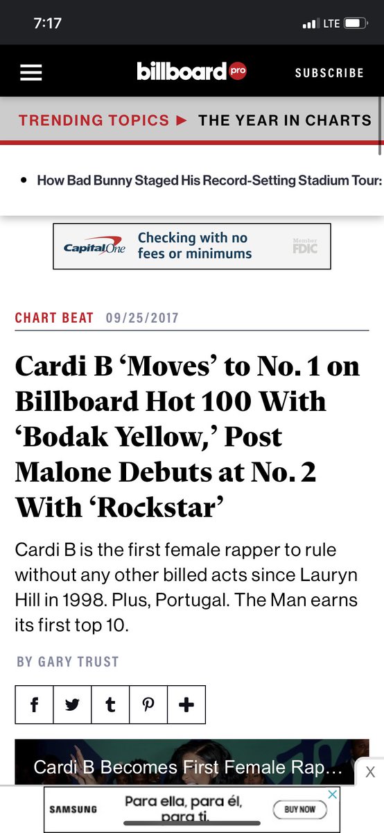 VI12_22's tweet photo. Why Arms fans be out here saying she the first female rapper to go #1 with sfg since lauryn in the 90’s when bodak yellow is very much a thing BFFR and after that make it make sense cause the math ain’t mathin bodak yellow was released in 2017 sfg came out this year…#cardiwon https://t.co/ACAXqaboi4